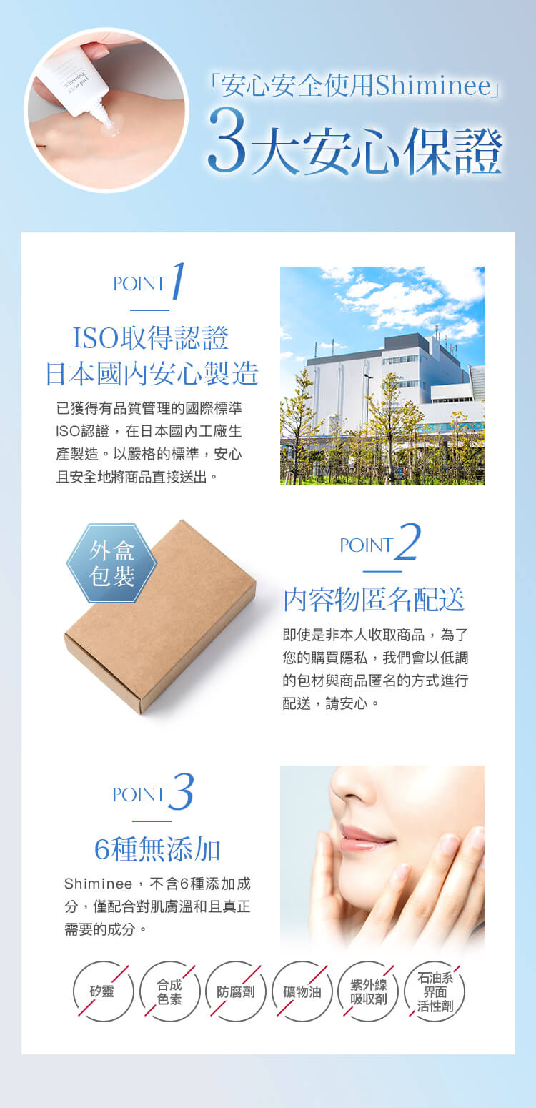 「安心安全使用Shiminee」 POINT1 ISO取得認證 日本國內安心製造 POINT2 内容物匿名配送 POINT3 6種無添加